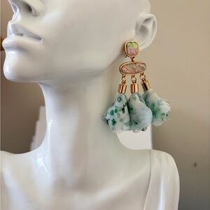 Gold-Tone Green Floral Fabric Drop Earrings